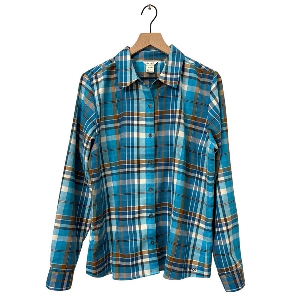 Marmot Women’s XL Blue Brown Plaid Merino Wool Blend Button Up Shirt Outdoors
